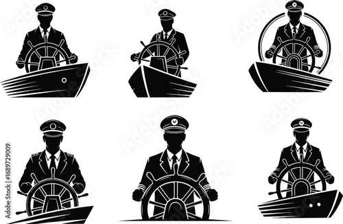 Ship captain silhouette, nautical steering wheel, maritime officer uniform, sea navigation control, sailor helm icon, vintage marine emblem, ocean voyage leader, seafarer art