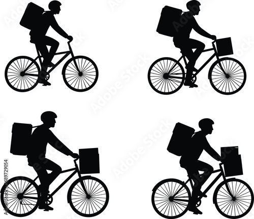Bicycle delivery rider silhouette, food courier on bike, urban transport service, gig economy worker, fast delivery concept, city logistics background, helmet safety