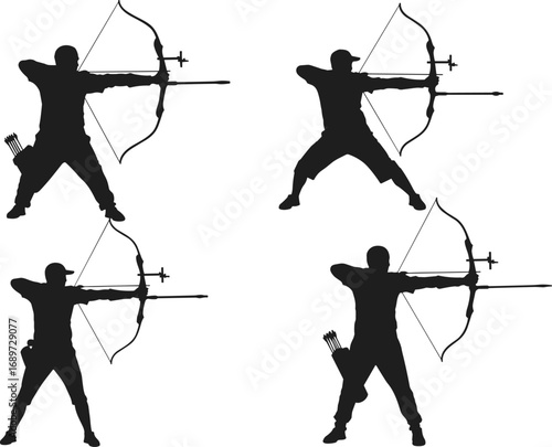 Silhouette archers aiming bows in action, traditional recurve archery sport, competitive shooting stance, precision target practice, outdoor hunting training illustration