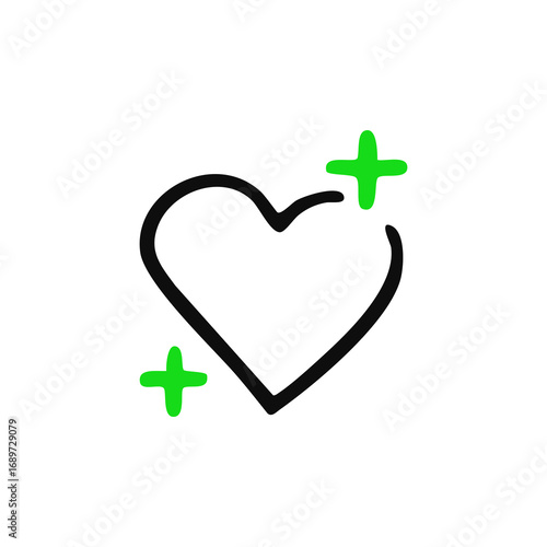 Hand-drawn heart shape with green plus symbols