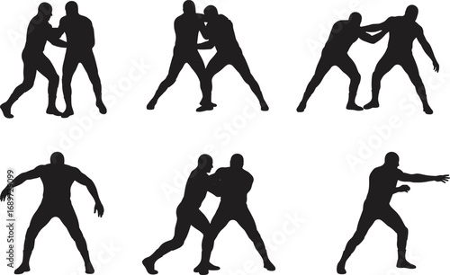 Martial arts silhouettes, self defense training, combat sport poses, grappling techniques, fighting stances, close combat moves, sparring positions, physical confrontation illustration