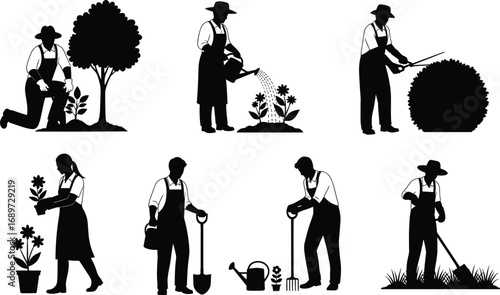 Black and white gardening illustration, people planting, watering, trimming, potting, digging, hoeing, seasonal garden care, horticulture activities, farming tools, outdoor work