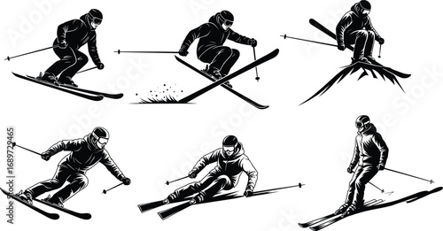 Dynamic skiing poses, winter sports action, skier silhouette illustration, downhill slope, jump tricks, carving turns, alpine adventure, snow performance art