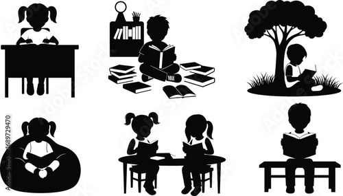 Children reading books silhouette, kids studying indoors outdoors, education literacy concept, school learning, library, classroom, nature reading scenes illustration
