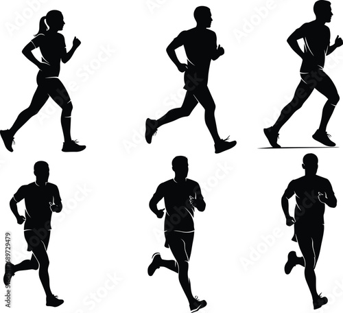 Running silhouettes, athletic motion, jogging, sprinting, fitness training, sports biomechanics, exercise posture, marathon runners, healthy lifestyle, workout