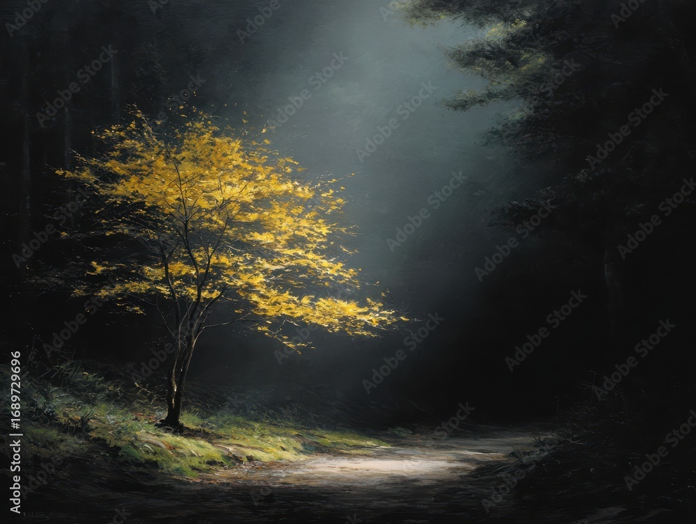 Fototapeta premium Ethereal golden tree illuminates a winding forest path, creating a mystical and tranquil atmosphere in the deep, dark woods