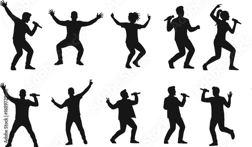 Silhouette singers and dancers performing live concert show with microphone, energetic music performance, stage entertainment, festival celebration, artistic expression, audience engagement