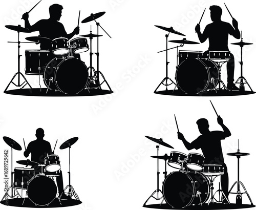 Silhouette drummers playing drum sets, percussion musicians performing live, rock band concert, music rhythm, drummer art, stage performance illustration