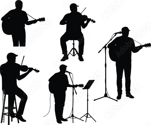 Silhouette musicians playing guitar and violin, live performance, concert stage, music band, singer songwriter, artistic black vector illustration design