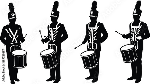 Marching band drumline silhouette, uniformed musicians playing snare drums, parade performance, musical rhythm, percussion section, ceremonial event, teamwork, discipline