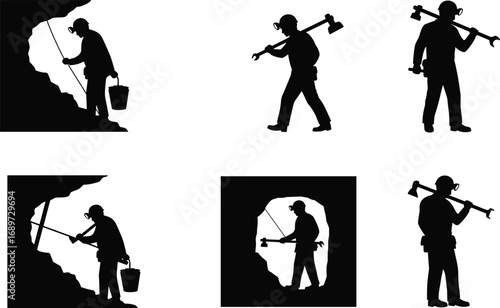 Mining worker silhouettes, coal miners with pickaxe, underground labor, cave excavation, helmet headlamp, industrial work, mining tools, hard labor, black silhouette art