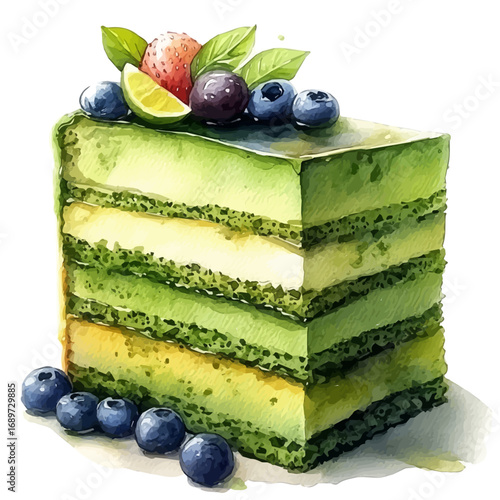 Matcha Cake, watercolor illustration vector, isolated on a white background.