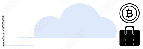 Cloud with bitcoin coin and briefcase symbolizing virtual storage, blockchain, and digital economy. Ideal for cryptocurrency, fintech, blockchain, cloud services, technology, finance innovation