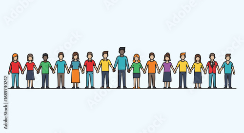 Diverse group of people holding hands in a line representing unity and community.