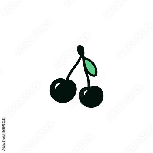 Two simple black cherries with a small green leaf