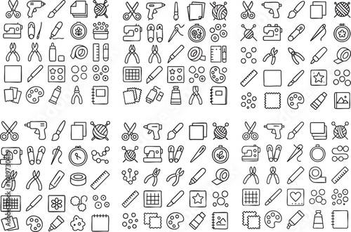 Seamless pattern of handdrawn arts and crafts supplies icons.