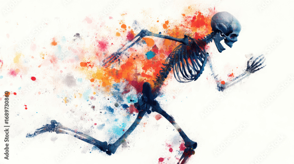 Obraz premium A colorful illustration of a skeleton running, surrounded by vibrant splashes of paint, symbolizing vitality and energy.