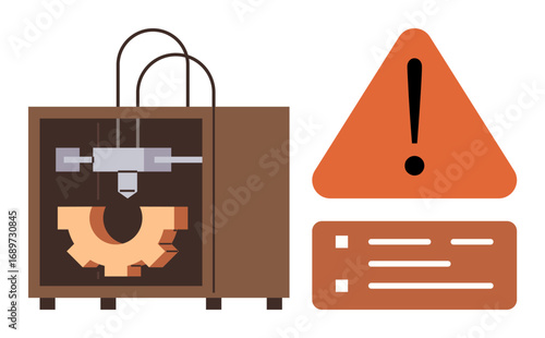 3D printing machine with gear in progress and exclamation in triangle indicating caution. Ideal for technology, innovation, manufacturing, troubleshooting, system warning, technical issue, simple