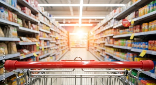 A supermarket aisle viewed from a shopping cart, showcasing abundant packaged goods and a bright, sunlit end.