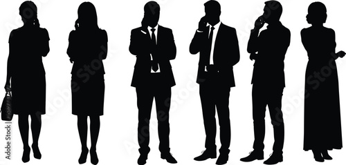 Silhouettes of professional men and women in business attire, standing in thoughtful poses, corporate team illustration, workplace diversity, vector black and white design
