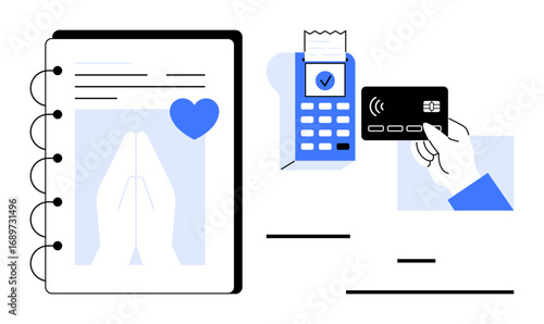 Open notebook with prayer hands and heart, payment terminal with receipt, hand using a contactless card. Ideal for charity, donation, faith, fintech, mobile payment, security simple landing page