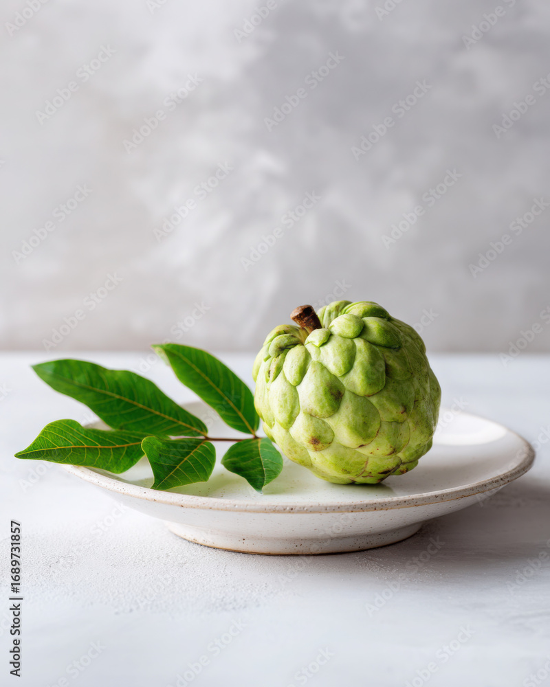 Obraz premium Fresh cherimoya fruit with green leaves styled simply on a white ceramic plate.