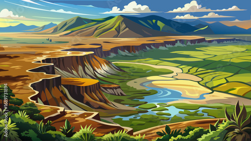 Ngorongoro Geopark, Tanzania – vast volcanic crater with layered cliffs and ancient formations, showcasing Africa’s geological past within breathtaking landscapes.