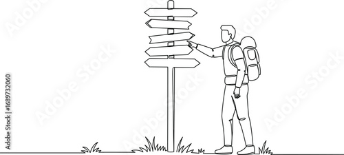 Traveler choosing direction at signpost, backpacker decision point line art, adventure sketch, hiking journey, outdoor exploration, minimal design, crossroads, route, travel choice, navigation