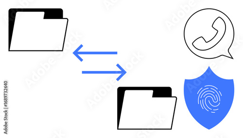 Two folders connected by arrows, a shield with a fingerprint, and a phone icon representing secure communication. Ideal for data transfer, file sharing, encryption, privacy, cybersecurity