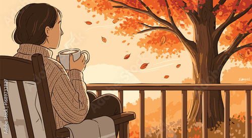 Woman enjoying a warm drink on a porch during autumn sunset.