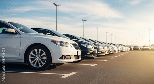 A neatly arranged row of cars in a parking lot under a bright sky.