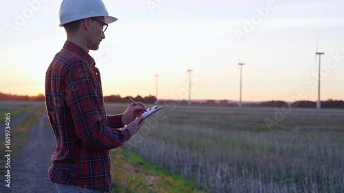 Man engineer wearing a white protective helmet is taking notes with a tablet computer in a field with wind turbines, as the sun sets. Clean energy and engineering concept