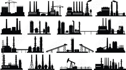 Set of black vector silhouettes of London city buildings and industrial factory architecture, a striking urban skyline