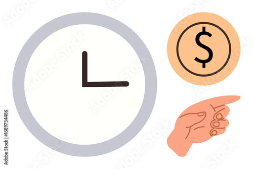 Large clock face, dollar sign in orange circle, and pointing hand emphasize time and money concept. Ideal for productivity, value, business, time management, deadline, prioritization simple flat