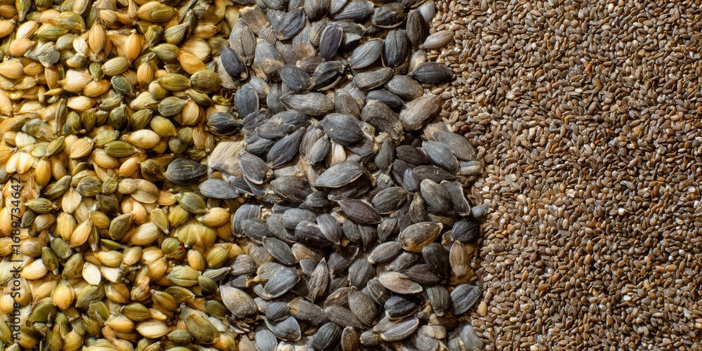 Obraz premium A vibrant close-up of various seeds, showcasing their textures and colors, perfect for healthy eating.