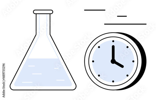 Flask containing liquid next to a clock, symbolizing experiments, deadlines, and productivity. Ideal for scientific research, progress, time study, innovation, efficiency education simple landing