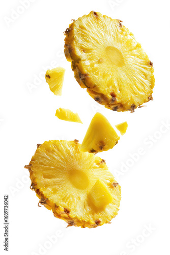 Two pineapple slices, with pieces exploding outward, appear to be levitating