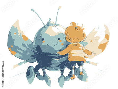 Charming illustration of a child interacting with a friendly, oversized cartoon insect, evoking a sense of wonder and innocent companionship