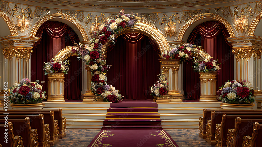 Fototapeta premium Ornate wedding ceremony setup in a grand hall.