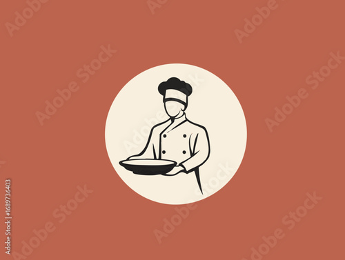 Stylized chef character logo design. Vector graphic of a cook in a toque holding a covered dish for catering or restaurant branding