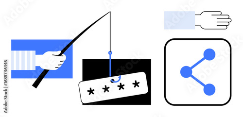 Fishing rod catching password, hand extended, sharing icon. Ideal for cyber safety, phishing awareness, online security, data sharing, user privacy, fraud prevention simple landing page