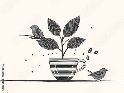 Charming hand-drawn illustration of a plant growing from a teacup with two small birds, symbolizing nature and new beginnings