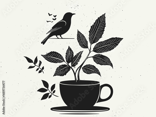 Artistic illustration of a bird and plant growing from a teacup, showcasing nature and design