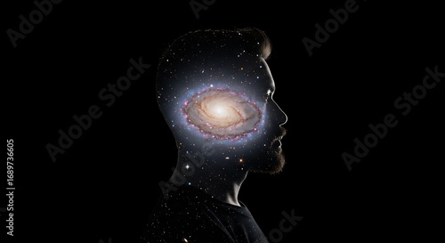 Introspective man with galaxy inside head representing ideas, creativity, and cosmic thoughts
