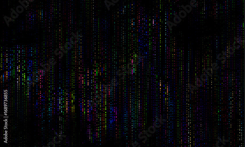 Matrix Code Digital Background. Colorful round polka dots on black background. Particles. Futuristic technology style. Texture. Vector illustration