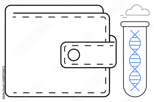 Wallet and test tube with DNA helix beside a cloud. Ideal for genetics, finance, biotechnology, innovation, investment, science, data storage. Simple flat metaphor