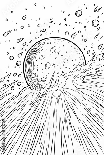 Surreal Cosmic Event A Celestial Body Emerging from a Turbulent, Watery Abyss with Falling Debris