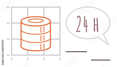 Stacked database icon on grid framework with speech bubble highlighting 24-hour service. Ideal for data management, cloud computing, database uptime, accessibility, technology, productivity, IT