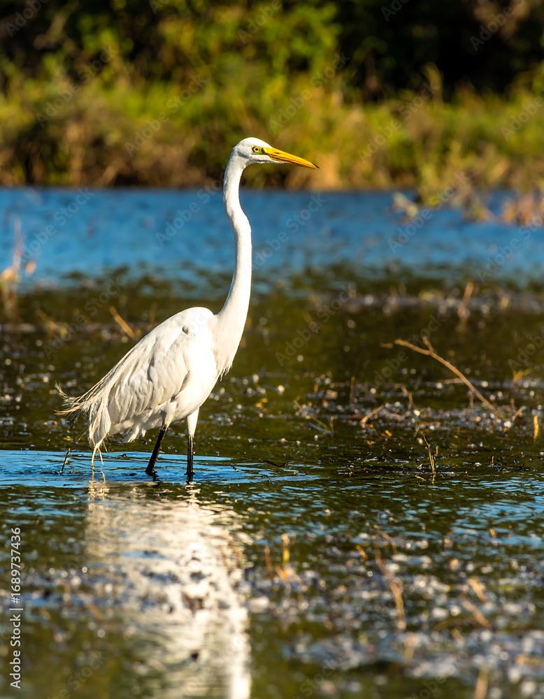 Fototapeta premium Great Egret Wading in Serene Wetland Landscape