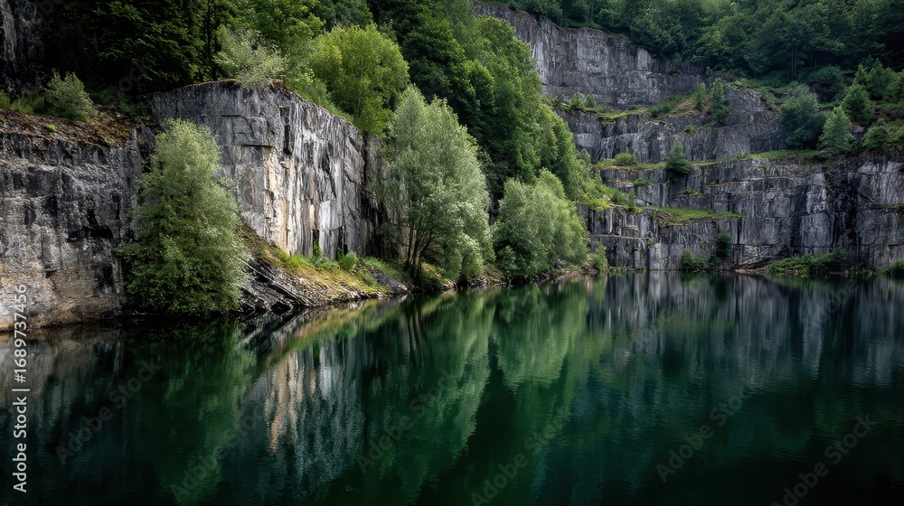 Fototapeta premium Tranquil Abandoned Quarry Lake Reflecting Steep Rocky Cliffs and Verdant Trees Under a Cloudy Sky, Showcasing Nature's Reclamation